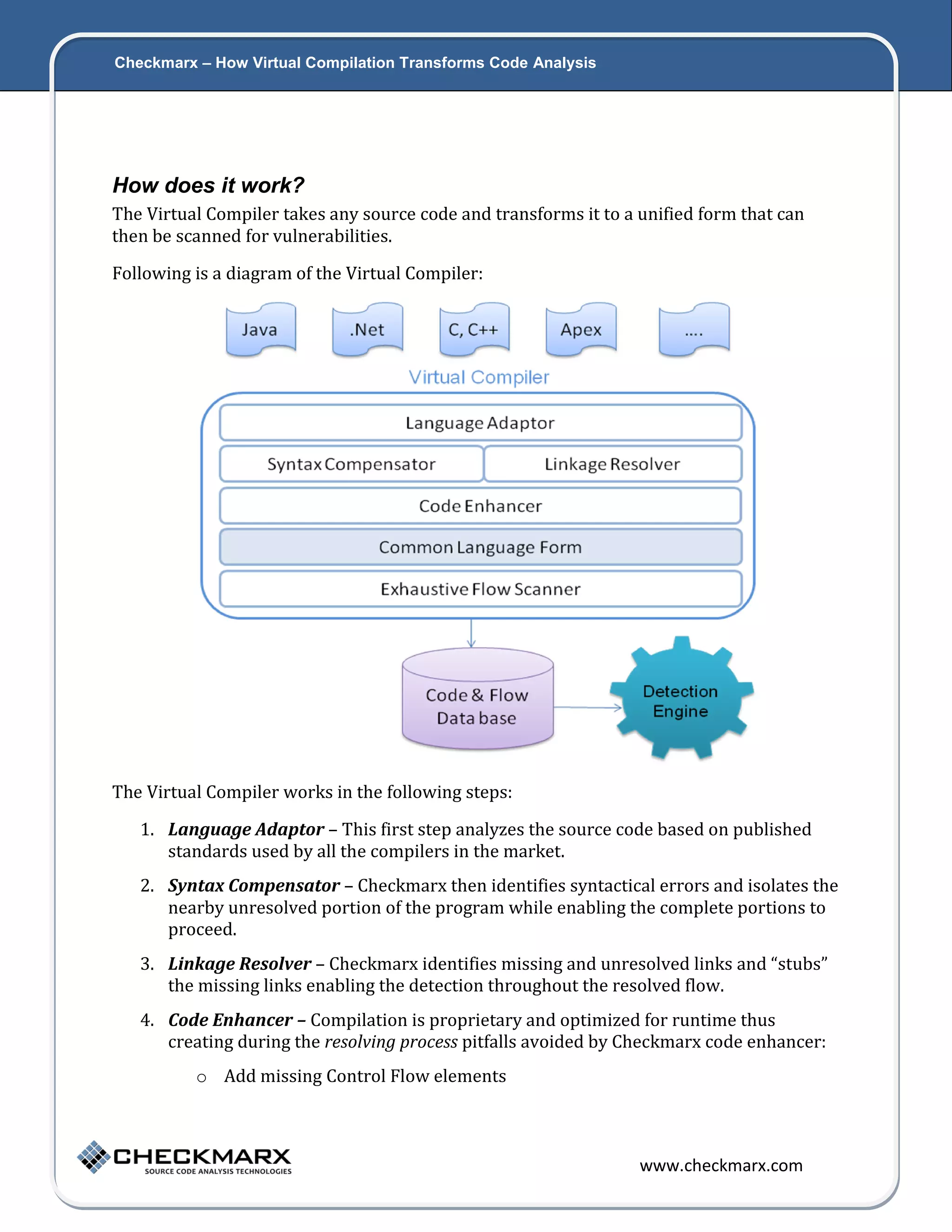 Checkmarx – How Virtual Compilation Transforms Code Analysis 5 How does it work? The Virtual Compiler takes any source code and transforms it to a unified form that can then be scanned for vulnerabilities. Following is a diagram of the Virtual Compiler: The Virtual Compiler works in the following steps: 1. Language Adaptor – This first step analyzes the source code based on published standards used by all the compilers in the market. 2. Syntax Compensator – Checkmarx then identifies syntactical errors and isolates the nearby unresolved portion of the program while enabling the complete portions to proceed. 3. Linkage Resolver – Checkmarx identifies missing and unresolved links and “stubs” the missing links enabling the detection throughout the resolved flow. 4. Code Enhancer – Compilation is proprietary and optimized for runtime thus creating during the resolving process pitfalls avoided by Checkmarx code enhancer: o Add missing Control Flow elements www.checkmarx.com 