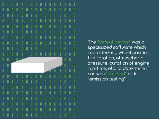 The “defeat device” was a specialized
software which read steering wheel position, tire
rotation, atmospheric pressure, du...