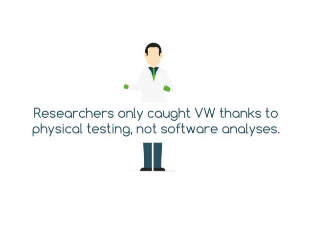 Researchers only caught VW thanks to physi-
cal testing, not software analyses.
 