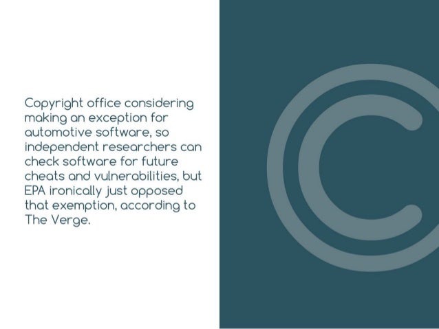 Copyright office considering making an
exception for automotive software, so
independent researchers can check software fo...