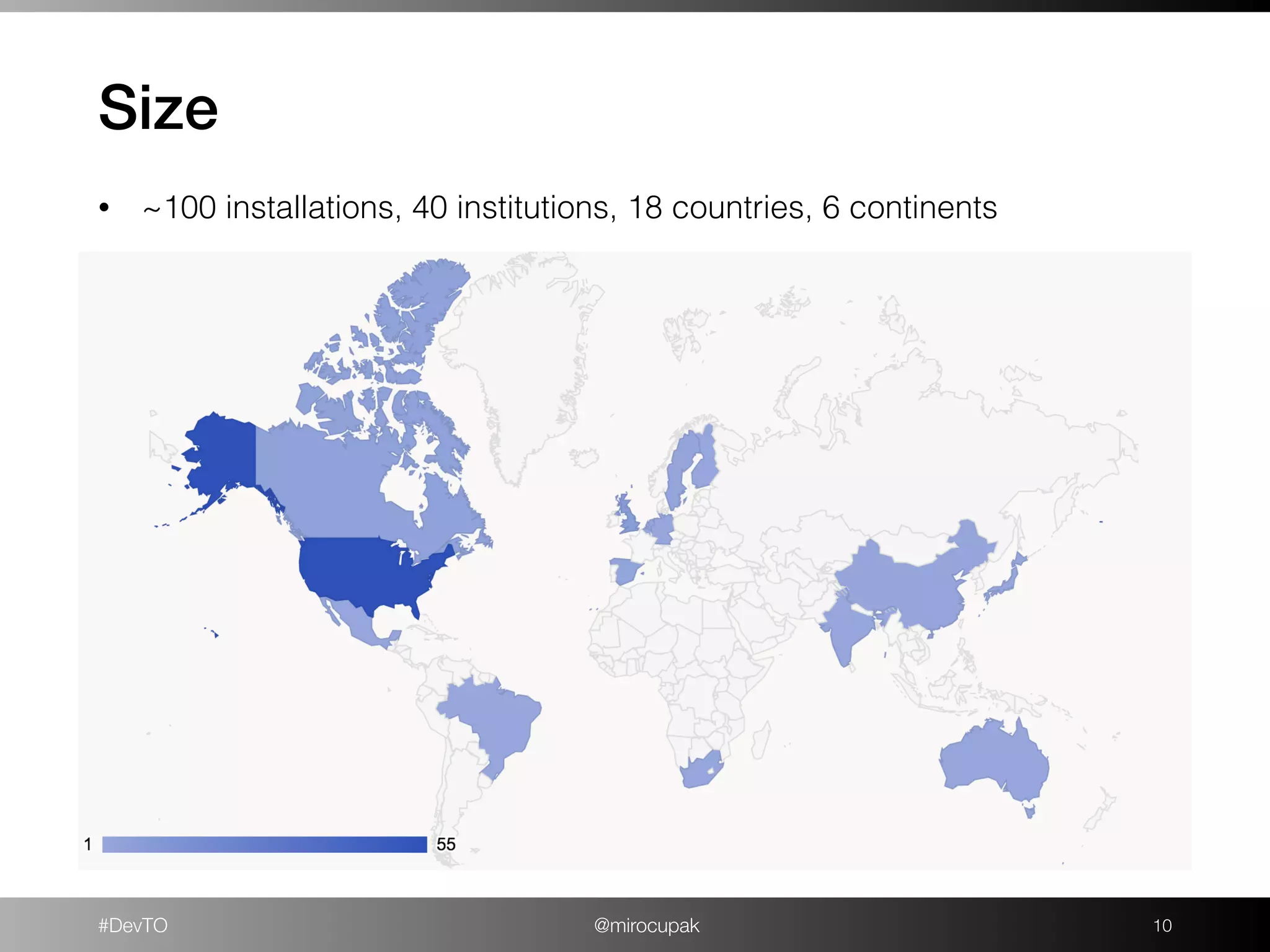 #DevTO @mirocupak
Size
!10
• ~100 installations, 40 institutions, 18 countries, 6 continents
 
