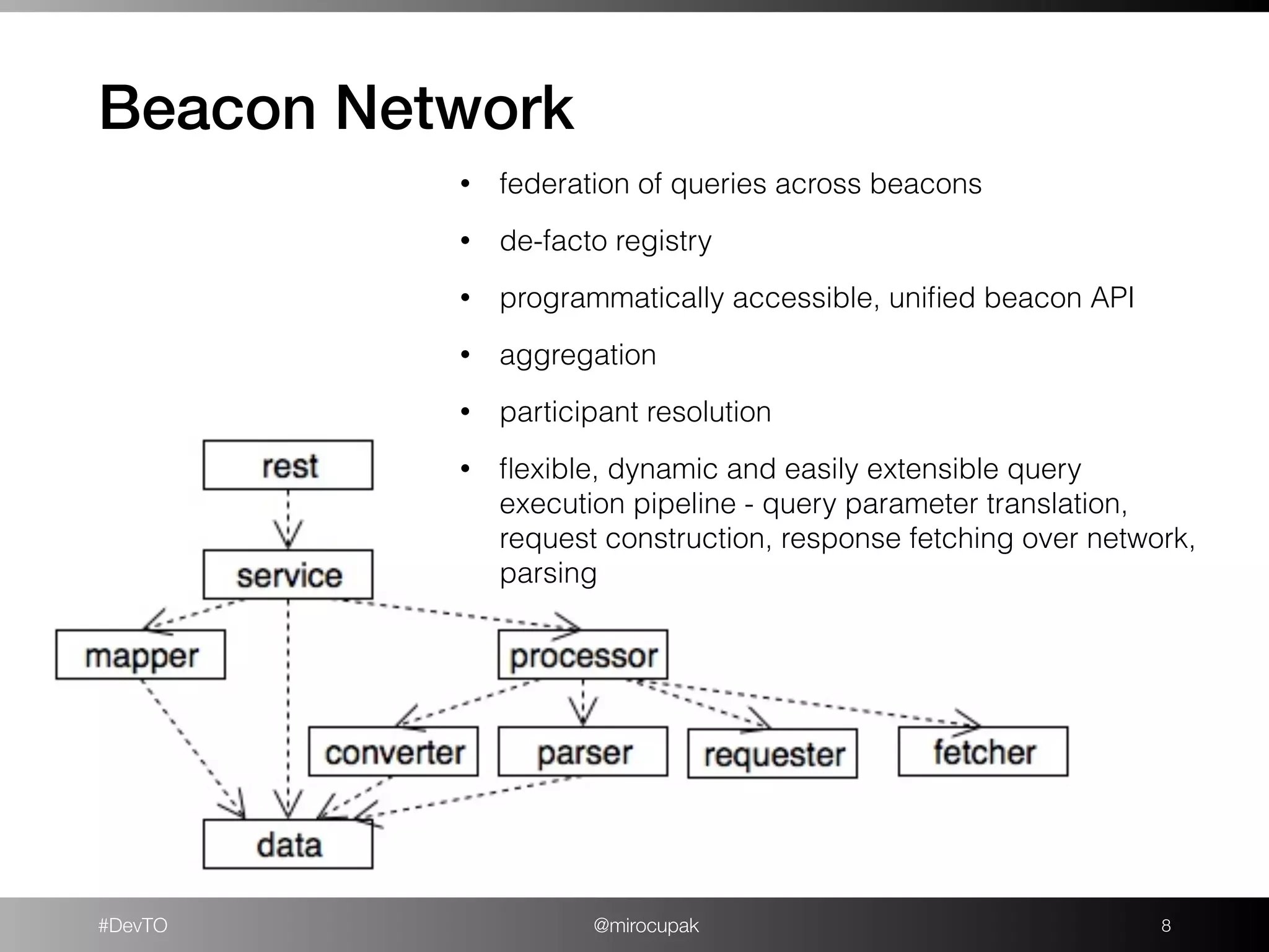 #DevTO @mirocupak
Beacon Network
!8
• federation of queries across beacons
• de-facto registry
• programmatically accessible, uniﬁed beacon API
• aggregation
• participant resolution
• ﬂexible, dynamic and easily extensible query
execution pipeline - query parameter translation,
request construction, response fetching over network,
parsing
 