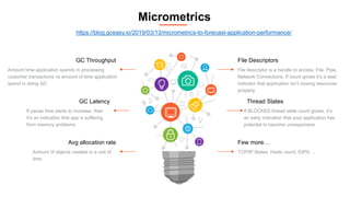 File Descriptors
File descriptor is a handle to access: File, Pipe,
Network Connections. If count grows it’s a lead
indicator that application isn’t closing resources
properly.
Few more…
TCP/IP States, Hosts count, IOPS, ..
Thread States
If BLOCKED thread state count grows, it’s
an early indication that your application has
potential to become unresponsive
GC Throughput
Amount time application spends in processing
customer transactions vs amount of time application
spend in doing GC
Avg allocation rate
Amount of objects created in a unit of
time
GC Latency
If pause time starts to increase, then
it’s an indication that app is suffering
from memory problems
Micrometrics
https://blog.gceasy.io/2019/03/13/micrometrics-to-forecast-application-performance/
 