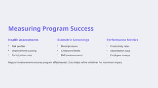 Measuring Program Success
Health Assessments
• Risk profiles
• Improvement tracking
• Participation rates
Biometric Screenings
• Blood pressure
• Cholesterol levels
• BMI measurements
Performance Metrics
• Productivity rates
• Absenteeism data
• Employee surveys
Regular measurement ensures program effectiveness. Data helps refine initiatives for maximum impact.
 