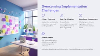 Overcoming Implementation
Challenges
Privacy Concerns
Establish clear confidentiality
protocols and secure data
handling procedures.
Low Participation
Create effective
communication strategies and
meaningful incentives to
boost engagement.
Sustaining Engagement
Refresh program elements
regularly and celebrate
success stories to maintain
interest.
Diverse Needs
Offer customizable options
that address varying health
concerns and personal
preferences.
Anticipating obstacles improves implementation. Proactive solutions prevent common pitfalls.
 