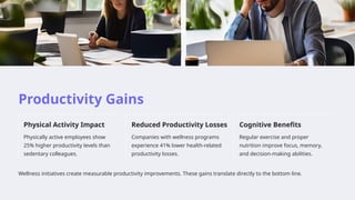 Productivity Gains
Physical Activity Impact
Physically active employees show
25% higher productivity levels than
sedentary colleagues.
Reduced Productivity Losses
Companies with wellness programs
experience 41% lower health-related
productivity losses.
Cognitive Benefits
Regular exercise and proper
nutrition improve focus, memory,
and decision-making abilities.
Wellness initiatives create measurable productivity improvements. These gains translate directly to the bottom line.
 