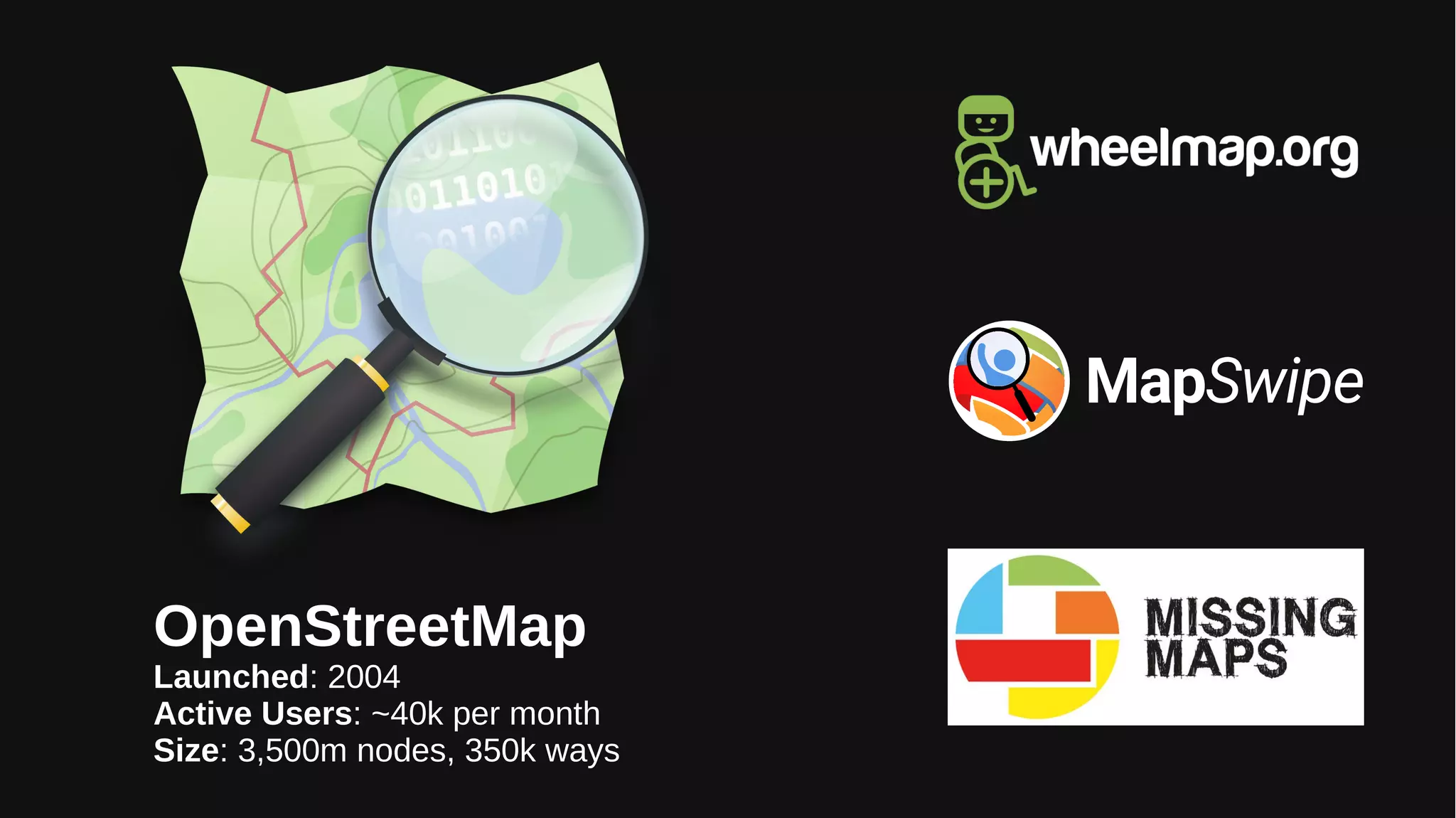 OpenStreetMap
Launched: 2004
Active Users: ~40k per month
Size: 3,500m nodes, 350k ways
