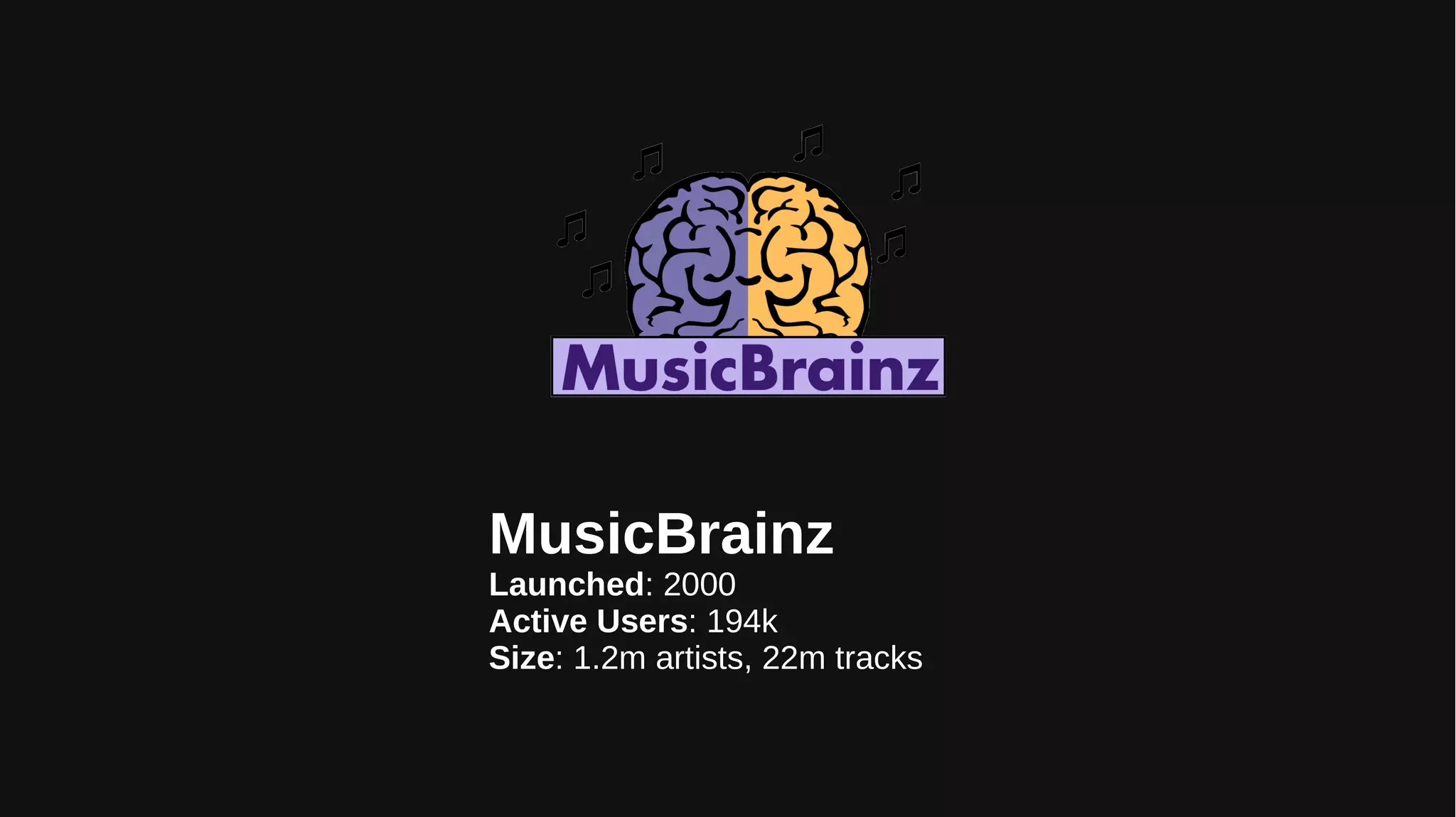 MusicBrainz
Launched: 2000
Active Users: 194k
Size: 1.2m artists, 22m tracks