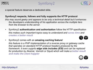 Symfony2 <ul><li>a special feature deserves a dedicated slide. </li></ul><ul><li>Symfony2 respects, follows and fully supp...