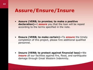 ©2011 Cengage Learning. All Rights Reserved. May not be scanned, copied or duplicated, or posted to a publicly accessible website, in whole or in part.
12
Assure/Ensure/Insure
• Assure (VERB; to promise; to make a positive
declaration)—I assure you that the loan will be repaid
according to the terms specified in the note.
• Ensure (VERB; to make certain)—To ensure the timely
completion of this project, please hire additional qualified
personnel.
• Insure (VERB; to protect against financial loss)—We
insure all our facilities against fire, flood, and earthquake
damage through Great Western Indemnity.
 
