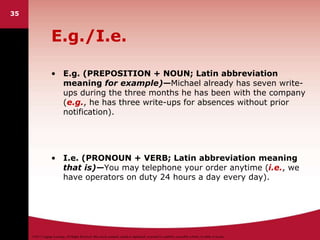 ©2011 Cengage Learning. All Rights Reserved. May not be scanned, copied or duplicated, or posted to a publicly accessible website, in whole or in part.
35
E.g./I.e.
• E.g. (PREPOSITION + NOUN; Latin abbreviation
meaning for example)—Michael already has seven write-
ups during the three months he has been with the company
(e.g., he has three write-ups for absences without prior
notification).
• I.e. (PRONOUN + VERB; Latin abbreviation meaning
that is)—You may telephone your order anytime (i.e., we
have operators on duty 24 hours a day every day).
 
