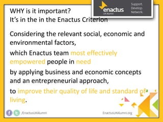 WHY is it important? 
It’s in the in the Enactus Criterion 
Considering the relevant social, economic and 
environmental factors, 
which Enactus team most effectively 
empowered people in need 
by applying business and economic concepts 
and an entrepreneurial approach, 
to improve their quality of life and standard of 
living. 
 