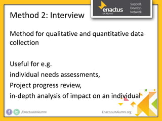 Method 2: Interview 
Method for qualitative and quantitative data 
collection 
Useful for e.g. 
individual needs assessments, 
Project progress review, 
in-depth analysis of impact on an individual 
 