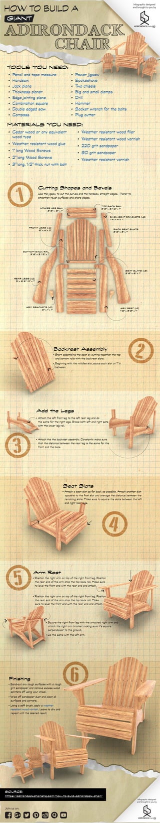 HOW TO BUILD A
ADIRONDACK
CHAIR
Infographic designed
and brought to you by
Infographic designed
and brought to you by
Join us on:
GIANT
6
SOURCE:
https://
adirondackchairshq.com/how-to-build-adirondack-chair/
TOOLS YOU NEED:
• Pencil and tape measure
• Handsaw
• Jack plane
• Thickness planer
• Edge jointing plane
• Combination square
• Double edged saw
• Compass
• Power jigsaw
• Spokeshave
• Two chisels
• Big and small clamps
• Drill
• Hammer
• Socket wrench for the bolts
• Plug cutter
1
2
3
Cutting Shapes and Bevels
TOP BACK RAIL
3’ 6” x 6 1/2” x 1”
BOTTOM BACK RAIL
3’ 6” x 3 1/2” x 1”
ARM BRACKETS (x2)
8” x 1’ x 1”
ARM REST (x2)
1’ 6” x 5’ 9” x 1”
LOWER LEG RAIL
3’ 6” x 6” x 1”
SEAT SLATS (x9)
3’ 6” x 6’’ x 1”
BACK SEAT SLATS
3’ 6” x 5’ x 1”
REAR LEGS (x2)
3’ x 6’ 9 1/2’’ x 1”
FRONT LEGS (x2)
6” x 4’ x 2”
BACK SEAT BRACKETS (x2)
1’ 4” x 4’ x 1”
Use the jigsaw to cut the curves and the handsaw straight edges. Planer to
smoothen rough surfaces and sharp edges.
Backrest Assembly
• Start assembling the seat by putting together the top
and bottom rails with the backrest slats.
• Beginning with the middles slat, space each slat at 1” in
between.
Add the Legs
• Attach the left front leg to the left rear leg and do
the same for the right legs. Brace both left and right sets
with the lower leg rail.
• Attach the the backrest assembly. Constantly make sure
that the distance between the rear leg is the same for the
front and the back.
4
Seat Slats
• Attach a seat slat as far back as possible. Attach another slat
opposite to the first slat and average the distance between the
remaining slats. Make sure to square the slats between the left
and right rear legs.
5
Arm Rest
• Position the right arm on top of the right front leg. Position
the rear end of the arm atop the top back rail. Make sure
to level the front end with the rear end and attach.
• Position the right arm on top of the right front leg. Position
the rear end of the arm atop the top back rail. Make
sure to level the front end with the rear end and attach.
• Square the right front leg with the attached right arm and
attach the right arm bracket making sure it’s square
perpendicular to the ground.
• Do the same with the left arm.
Finishing
• Sand-out any rough surfaces with a rough
grit sandpaper and remove excess wood
splinters off using your chisel.
• Wipe off sandpaper dust and clean all
surfaces and corners.
• Using a soft brush, apply a weather
resistant wood varnish. Leave to dry and
repeat until the desired result.
MATERIALS YOU NEED:
• Cedar wood or any equivalent
wood type
• Weather resistant wood glue
• 1” long Wood Screws
• 2” long Wood Screws
• 3” long, 1/2” thick nut with bolt
• Weather resistant wood filler
• Weather resistant wood varnish
• 220 grit sandpaper
• 90 grit sandpaper
• Weather resistant varnish
 