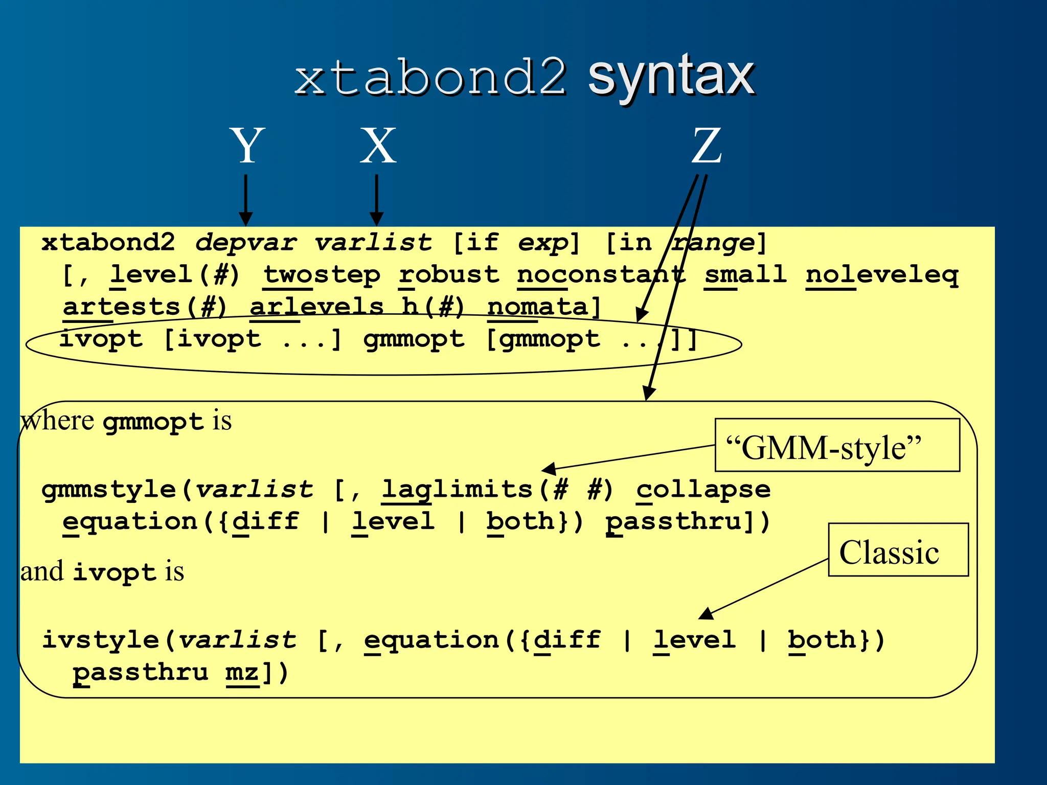 xtabond2
xtabond2 syntax
syntax
xtabond2 depvar varlist [if exp] [in range]
[, level(#) twostep robust noconstant small noleveleq
artests(#) arlevels h(#) nomata]
ivopt [ivopt ...] gmmopt [gmmopt ...]]
where gmmopt is
gmmstyle(varlist [, laglimits(# #) collapse
equation({diff | level | both}) passthru])
and ivopt is
ivstyle(varlist [, equation({diff | level | both})
passthru mz])
Y X Z
Classic
“GMM-style”
 