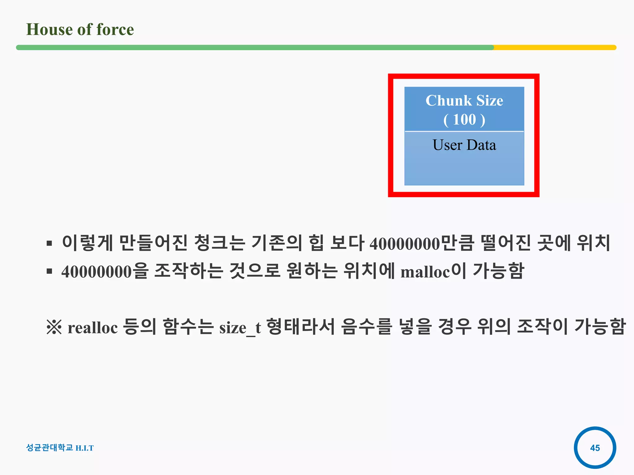 45
House of force
Chunk Size
( 100 )
User Data
성균관대학교 H.I.T
 이렇게 만들어진 청크는 기존의 힙 보다 40000000만큼 떨어진 곳에 위치
 40000000을 조작하는 것으로 원하는 위치에 malloc이 가능함
※ realloc 등의 함수는 size_t 형태라서 음수를 넣을 경우 위의 조작이 가능함
 