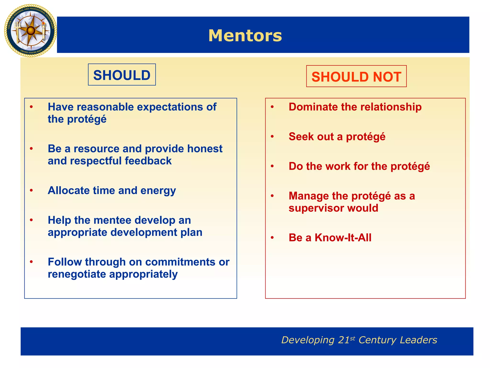 Mentors Have reasonable expectations of the protégé Be a resource and provide honest and respectful feedback Allocate time and energy Help the mentee develop an appropriate development plan Follow through on commitments or renegotiate appropriately Dominate the relationship Seek out a protégé Do the work for the protégé Manage the protégé as a supervisor would Be a Know-It-All  SHOULD SHOULD NOT 