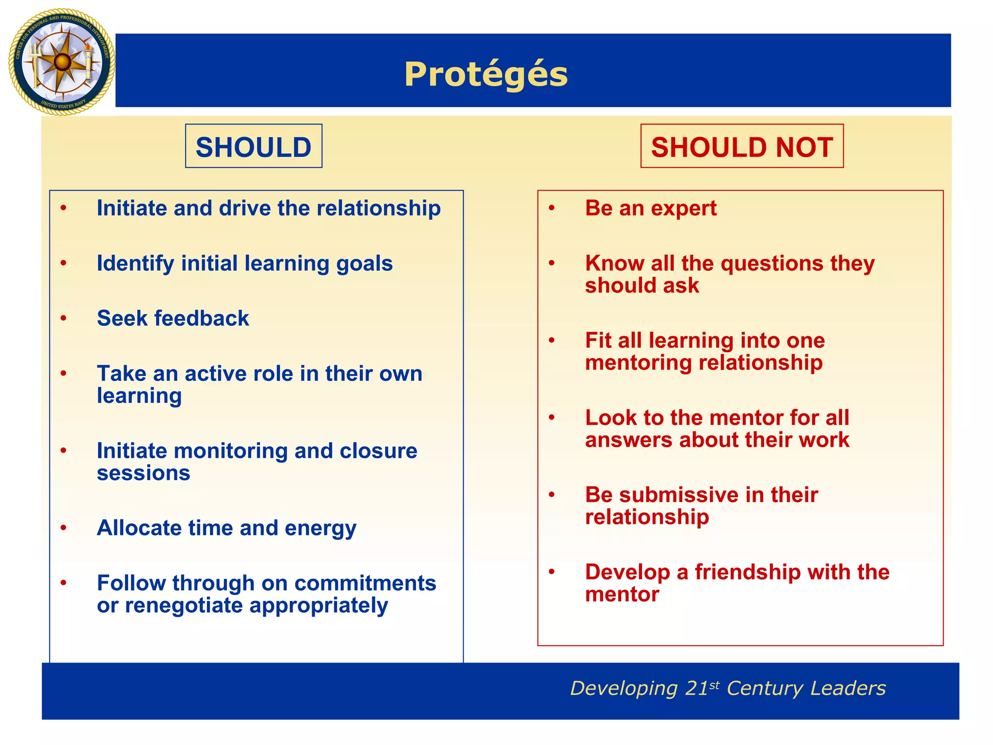 Protégés   Initiate and drive the relationship Identify initial learning goals Seek feedback Take an active role in their own learning Initiate monitoring and closure sessions Allocate time and energy  Follow through on commitments or renegotiate appropriately Be an expert Know all the questions they should ask Fit all learning into one mentoring relationship Look to the mentor for all answers about their work Be submissive in their relationship Develop a friendship with the mentor SHOULD SHOULD NOT 