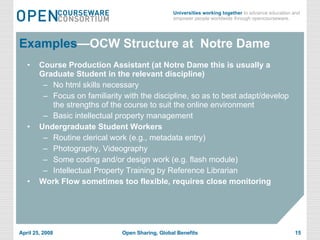 Examples —OCW Structure at  Notre Dame Course Production Assistant (at Notre Dame this is usually a Graduate Student in the relevant discipline) No html skills necessary Focus on familiarity with the discipline, so as to best adapt/develop the strengths of the course to suit the online environment Basic intellectual property management Undergraduate Student Workers Routine clerical work (e.g., metadata entry) Photography, Videography Some coding and/or design work (e.g. flash module) Intellectual Property Training by Reference Librarian Work Flow sometimes too flexible, requires close monitoring 