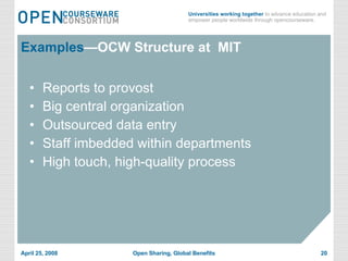 Examples —OCW Structure at  MIT Reports to provost Big central organization Outsourced data entry Staff imbedded within departments High touch, high-quality process 