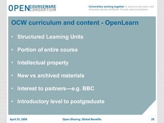 Structured Learning Units Portion of entire course Intellectual property New vs archived materials Interest to partners—e.g. BBC Introductory level to postgraduate OCW curriculum and content - OpenLearn 