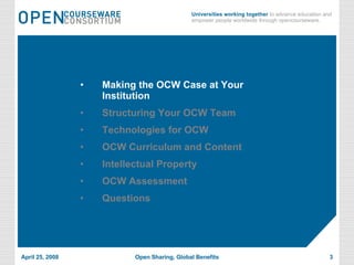 Making the OCW Case at Your Institution Structuring Your OCW Team Technologies for OCW OCW Curriculum and Content Intellectual Property OCW Assessment Questions 