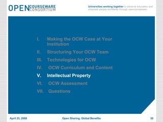 Making the OCW Case at Your Institution Structuring Your OCW Team Technologies for OCW OCW Curriculum and Content Intellectual Property OCW Assessment Questions 
