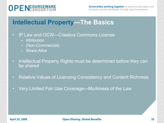 Intellectual Property —The Basics IP Law and OCW—Creative Commons License Attribution (Non-Commercial) Share-Alike Intellectual Property Rights must be determined before they can be shared Relative Values of Licensing Consistency and Content Richness Very Limited Fair Use Coverage—Murkiness of the Law 