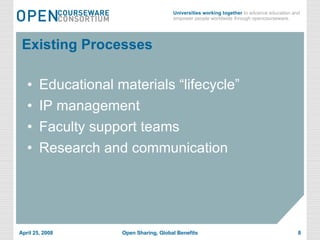 Existing Processes Educational materials “lifecycle” IP management Faculty support teams Research and communication 