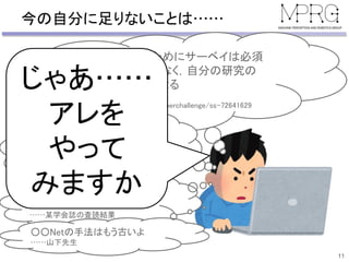 今の自分に足りないことは……
11
世界水準の研究のためにサーベイは必須
トレンドの把握だけでなく，自分の研究の
立ち位置の確認にもなる
……産総研 片岡さん
https://www.slideshare.net/cvpaperchallenge/ss-72641629
荒木はサーベイする力が弱い
もっといろいろな論文を読んで
自信の立ち位置を確認すべき
……藤吉先生
参考文献が少ないので
研究の位置付けが曖昧です．
……某学会誌の査読結果
○○Netの手法はもう古いよ
……山下先生
じゃあ……
アレを
やって
みますか
 
