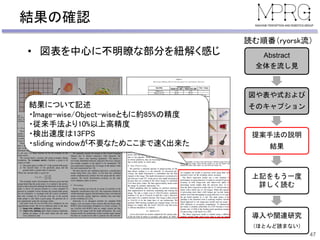 結果の確認
47
Abstract
全体を流し見
図や表や式および
そのキャプション
提案手法の説明
結果
上記をもう一度
詳しく読む
導入や関連研究
（ほとんど読まない）
読む順番（ryorsk流）
• 図表を中心に不明瞭な部分を紐解く感じ
結果について記述
・Image-wise/Object-wiseともに約85%の精度
・従来手法より10%以上高精度
・検出速度は13FPS
・sliding windowが不要なためここまで速く出来た
 