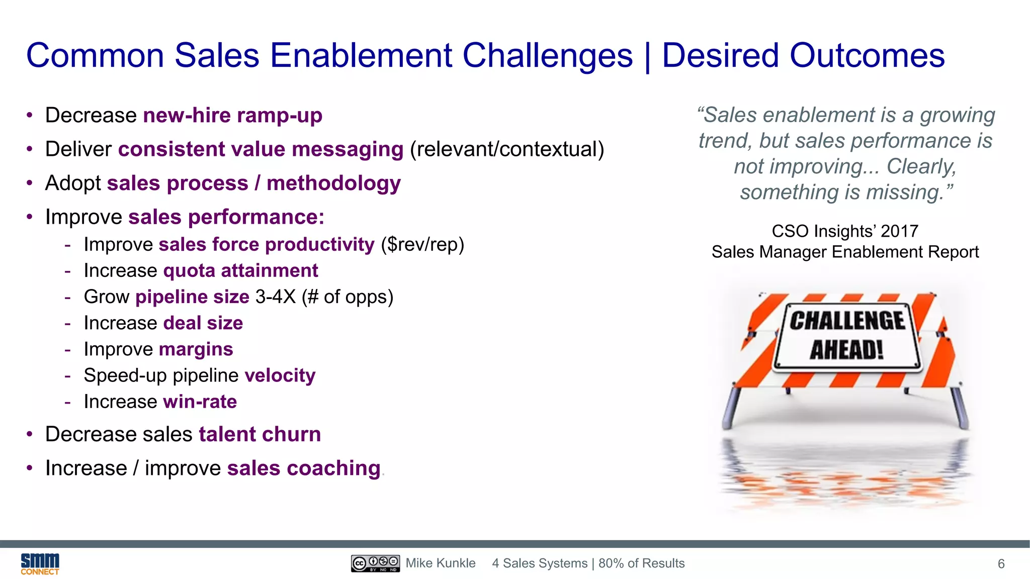 Common Sales Enablement Challenges | Desired Outcomes
4 Sales Systems | 80% of Results 6Mike Kunkle
• Decrease new-hire ramp-up
• Deliver consistent value messaging (relevant/contextual)
• Adopt sales process / methodology
• Improve sales performance:
- Improve sales force productivity ($rev/rep)
- Increase quota attainment
- Grow pipeline size 3-4X (# of opps)
- Increase deal size
- Improve margins
- Speed-up pipeline velocity
- Increase win-rate
• Decrease sales talent churn
• Increase / improve sales coaching.
“Sales enablement is a growing
trend, but sales performance is
not improving... Clearly,
something is missing.”
CSO Insights’ 2017
Sales Manager Enablement Report
 