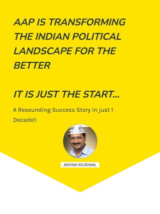 AAP IS TRANSFORMING
THE INDIAN POLITICAL
LANDSCAPE FOR THE
BETTER
IT IS JUST THE START...
A Resounding Success Story in just 1
Decade!!
ARVIND KEJRIWAL
 