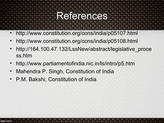 References
• http://www.constitution.org/cons/india/p05107.html
• http://www.constitution.org/cons/india/p05108.html
• http://164.100.47.132/LssNew/abstract/legislative_proce
ss.htm
• http://www.parliamentofindia.nic.in/ls/intro/p5.htm
• Mahendra P. Singh, Constitution of India
• P.M. Bakshi, Constitution of India
 