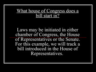 What house of Congress does a
bill start in?
Laws may be initiated in either
chamber of Congress, the House
of Representatives or the Senate.
For this example, we will track a
bill introduced in the House of
Representatives.
 
