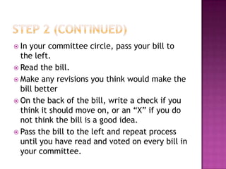  In your committee circle, pass your bill to
  the left.
 Read the bill.
 Make any revisions you think would make the
  bill better
 On the back of the bill, write a check if you
  think it should move on, or an “X” if you do
  not think the bill is a good idea.
 Pass the bill to the left and repeat process
  until you have read and voted on every bill in
  your committee.
 