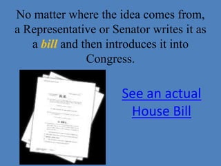 No matter where the idea comes from, 
a Representative or Senator writes it as 
a bill and then introduces it into 
Congress. 
See an actual 
House Bill 
 
