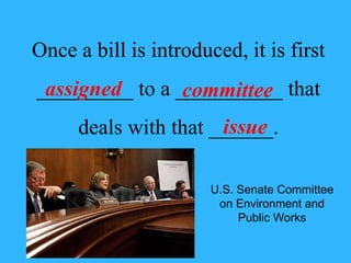 Once a bill is introduced, it is first 
_________ to a __________ that 
assigned committee 
issue 
deals with that ______. 
U.S. Senate Committee 
on Environment and 
Public Works 
 