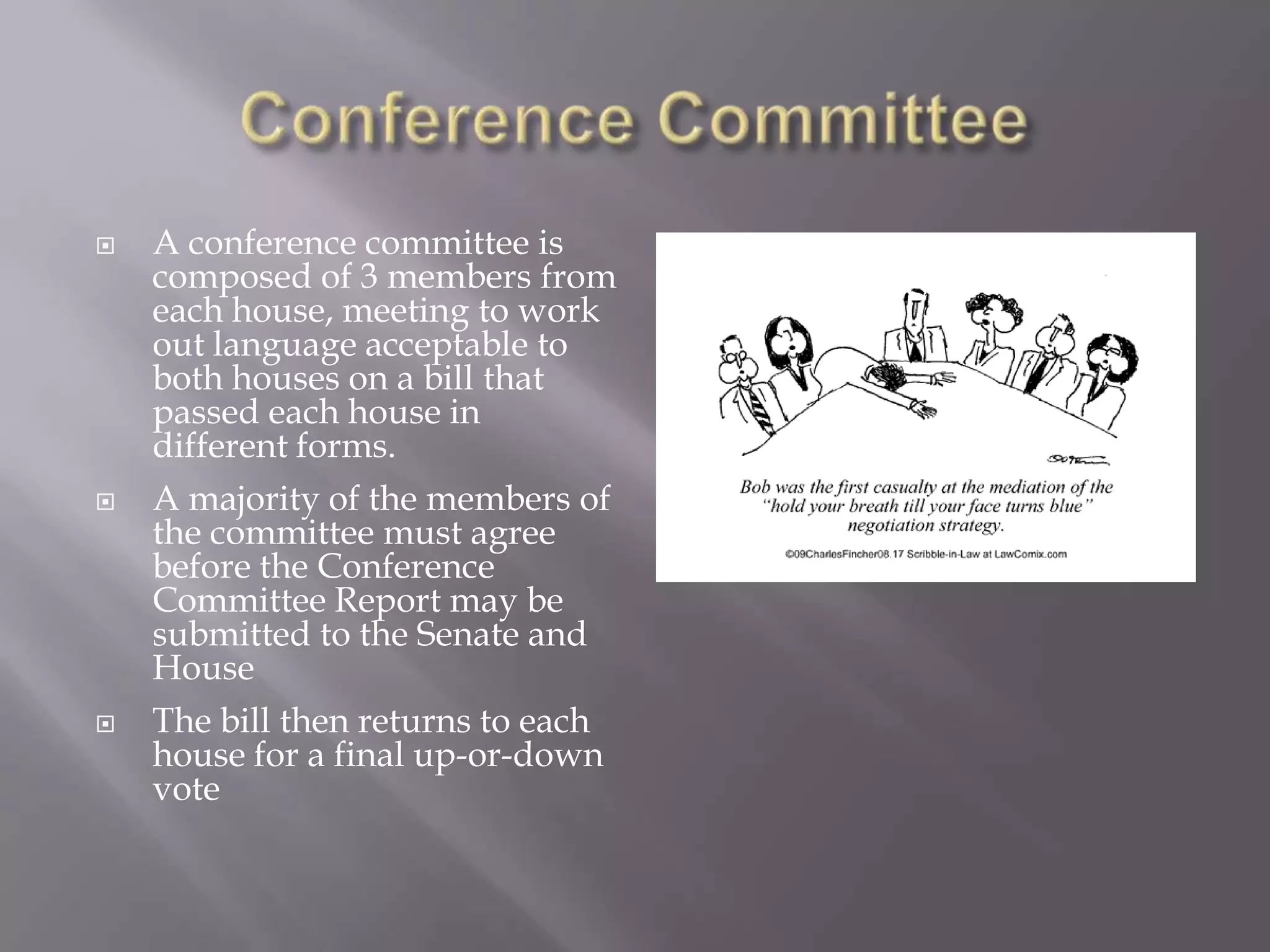 Conference CommitteeA conference committee is composed of 3 members from each house, meeting to work out language acceptable to both houses on a bill that passed each house in different forms.A majority of the members of the committee must agree before the Conference Committee Report may be submitted to the Senate and HouseThe bill then returns to each house for a final up-or-down vote