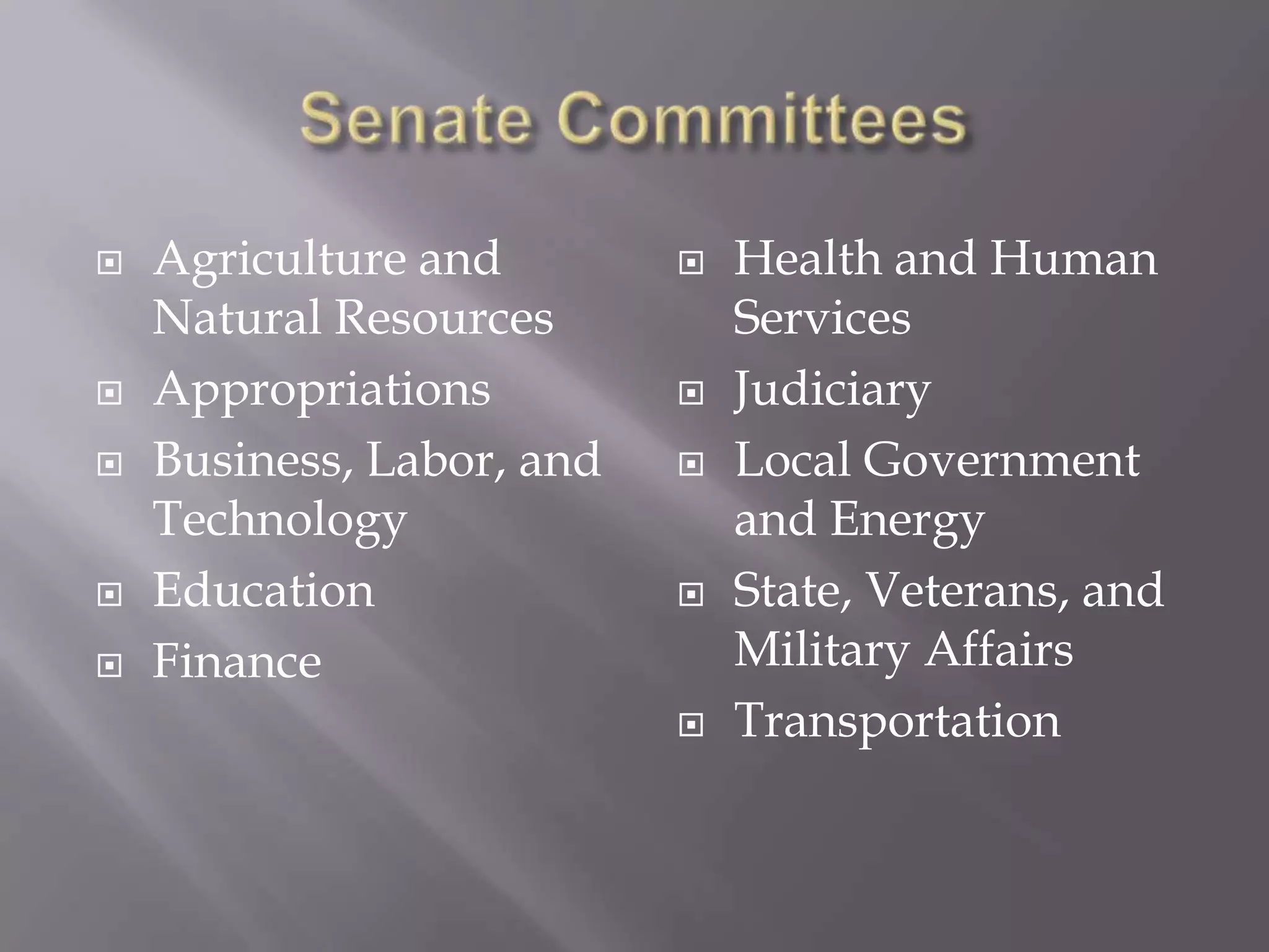 Senate CommitteesAgriculture and Natural ResourcesAppropriationsBusiness, Labor, and TechnologyEducationFinanceHealth and Human ServicesJudiciaryLocal Government and EnergyState, Veterans, and Military AffairsTransportation