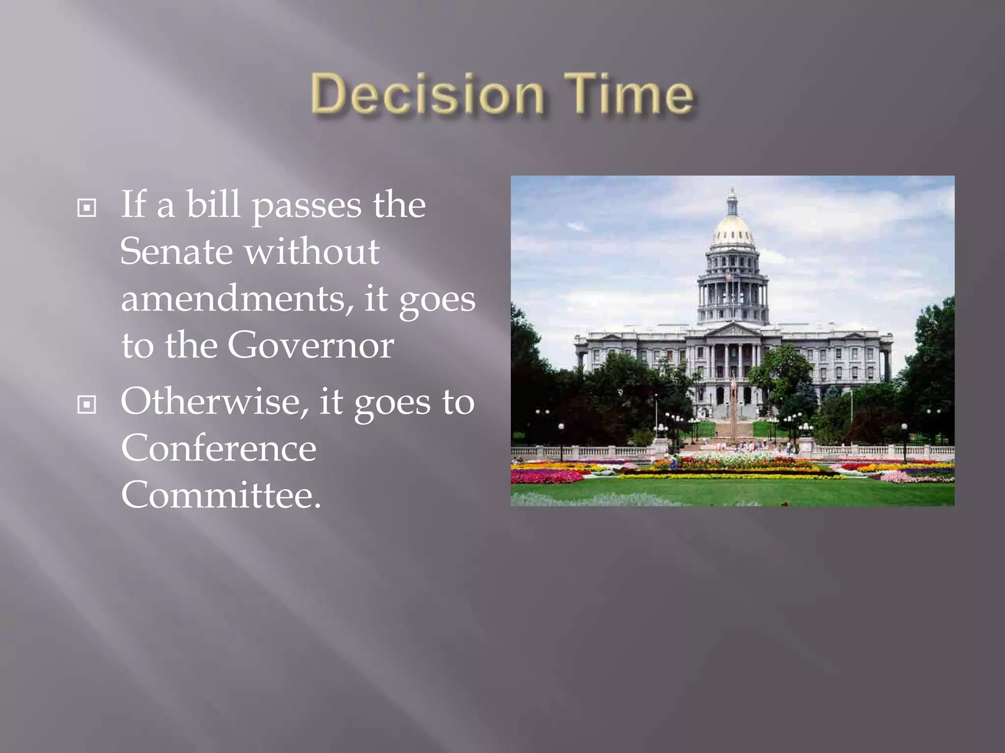 Decision TimeIf a bill passes the Senate without amendments, it goes to the GovernorOtherwise, it goes to Conference Committee.