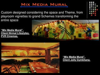 Custom designed considering the space and Theme, from
playroom vignettes to grand Schemes transforming the
entire space


“Mix Media Mural”,
Client Nirmal Lifestyles,
PVR Cinemas.




                                        “Mix Media Mural”,
                                        Client Jolly Gymkhana.
 