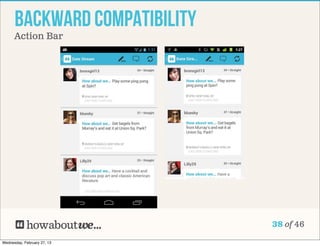 Backward compatibility
      Action Bar




                               38 of 46

Wednesday, February 27, 13
 