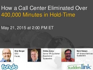 Shai Berger
CEO
Fonolo
How a Call Center Eliminated Over
400,000 Minutes in Hold-Time
May 21, 2015 at 2:00 PM ET
Gibbs Jones
Senior VP, Customer
Experience
Suddenlink
Mark Nelson
VP Shared Services
Suddenlink
 