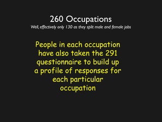 260 Occupations
Well, effectively only 130 as they split male and female jobs
People in each occupation
have also taken the 291
questionnaire to build up
a profile of responses for
each particular
occupation
 