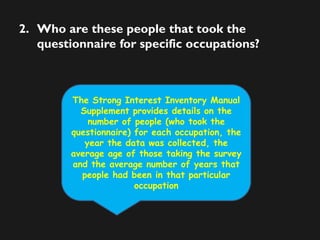 2. Who are these people that took the
questionnaire for specific occupations?
The Strong Interest Inventory Manual
Supplement provides details on the
number of people (who took the
questionnaire) for each occupation, the
year the data was collected, the
average age of those taking the survey
and the average number of years that
people had been in that particular
occupation
 