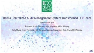 How a Centralized Audit Management System Transformed Our Team
September 19, 2016
Rose-Ann Mondy, Director – HSNi Assurance & Risk Advisory
Cathy Miyagi, Senior Specialist – ACL Customer Success Organization: Data-Driven GRC Adoption
 