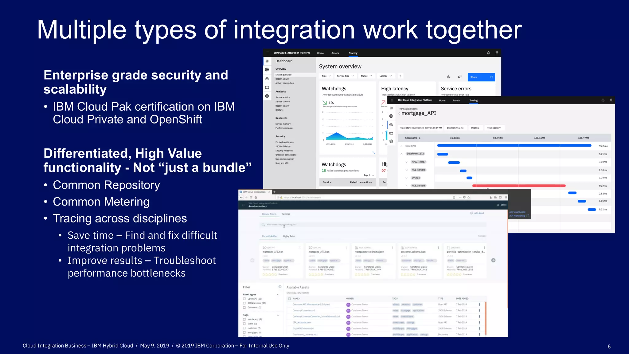 Multiple types of integration work together
Enterprise grade security and
scalability
• IBM Cloud Pak certification on IBM
Cloud Private and OpenShift
Differentiated, High Value
functionality - Not “just a bundle”
• Common Repository
• Common Metering
• Tracing across disciplines
• Save time – Find and fix difficult
integration problems
• Improve results – Troubleshoot
performance bottlenecks
Cloud Integration Business – IBM Hybrid Cloud / May 9, 2019 / © 2019 IBM Corporation – For Internal Use Only 6
 