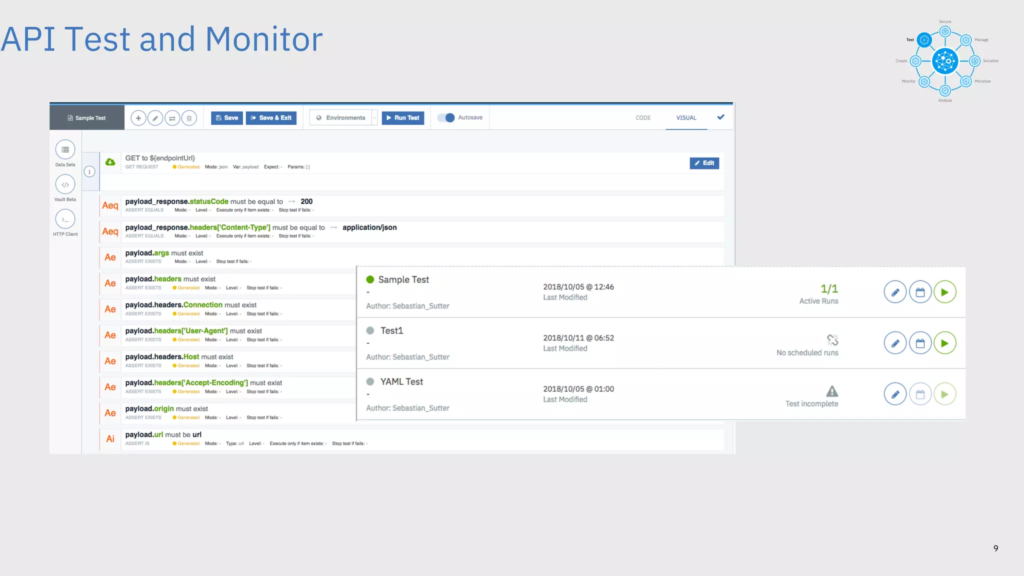 9
API Test and Monitor
 