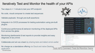 10© 2018 IBM Corporation
Two steps in < 1 minute to test your API endpoint
No code, visual composer to create test sequenc...